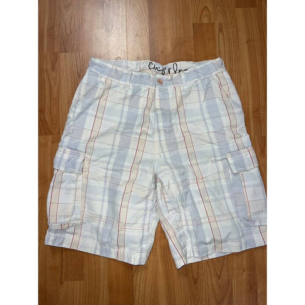 Chip and Pepper Cargo Shorts Checkered Striped Gray Cream Bottoms 32 Small Hole